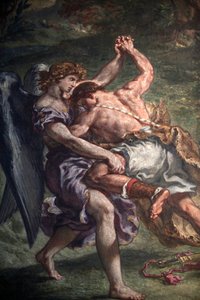 Malerei von Eugène Delacroix in der Basilika Saint-Sulpice, Paris: Jakob kämpft mit dem Engel, Paris, Frankreich