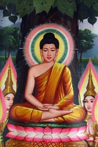 Gemälde, das Buddha beim Meditieren darstellt. Udong, Kambodscha