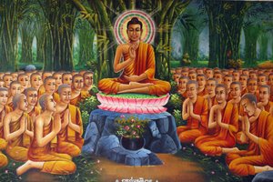 Gemälde, das Buddha zeigt, wie er Mönchen lehrt, Udong, Kambodscha von Unbekannt