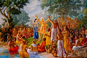 Gemälde, das Chaitanya und Nityananda zeigt, die unter Vaishnavas tanzen. U.K. (Foto) von Unbekannter Künstler