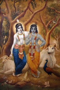 Gemälde darstellend den hinduistischen Gott Krishna neben seinem Bruder Balaram. Indien von Unbekannt