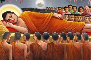 Gemälde, das einen liegenden Buddha in Wat Toul Tompong Phnom Penh, Kambodscha, darstellt von Unbekannt