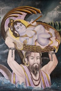 Gemälde in Gokul: Krishna als Baby, das von Vasudeva über den Yamuna-Fluss getragen wird. Indien von Unbekannt
