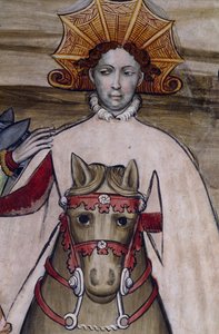 Person zu Pferd, Detail (Fresko im Schloss Manta, 15. Jahrhundert), Saluzzo, Piemont, Italien