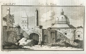 Perspektivstudien. Um zu zeigen, wie weit die Gebäude auf einer Linie entfernt sind, schlug der florentinische Maler vor, sie in einer Intensität von Blau zu malen, wie die Luft, die immer größer wird, je weiter sie entfernt sind. Gravur aus „Trattato dell von Unbekannt