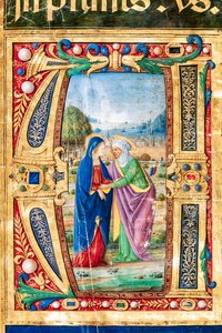 Piccolomini-Bibliothek: Chorbuch, Cod. 14.P., ff. 2r mit „Die Heimsuchung von Maria und St. Elisabeth, von Giovanni di Giuliano Boccardi, bekannt als Boccardino der Ältere. (Detail) von Unbekannter Künstler