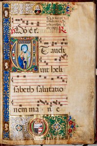 Piccolomini-Bibliothek: Chorbuch, cod. 14.P., ff. 46r mit Maria und St. Elisabeth, von Giovanni di Giuliano Boccardi, bekannt als Boccardino der Ältere