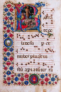 Piccolomini-Bibliothek: Chorbuch, cod. 18.3, ff. 45v mit „Predigt des Heiligen Johannes des Täufers“, von Girolamo da Cremona
