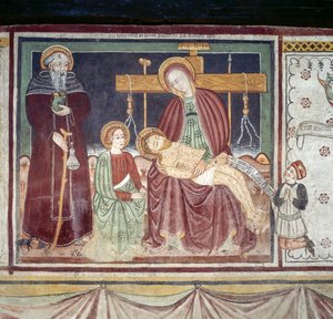 Pieta mit St. Antonius Abt, Fresko, Homo Salvadego Museum, Sacco, Cosio Valtellino, Lombardei, Italien von Benjamin Baud