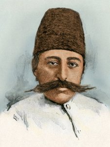 Porträt von Mozaffar ad-din (1853-1907), Schah von Iran zwischen 1896 und 1907. Farbgravur 19. Jahrhundert