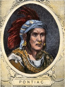 Porträt von Pontiac (oder Obwandiyag, ca. 1714-1769), Häuptling des Indianerstammes der Outaouais-Indianer von Detroit (Ottawa-Nation). Farbige Gravur des 19. Jahrhunderts.