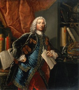 Porträt eines Gentlemans in seinem Arbeitszimmer mit wissenschaftlichen Instrumenten, um 1750