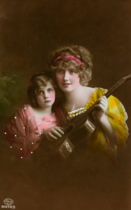 Postkarte, die zwei Frauen mit einer Gitarre zeigt, "Album para Tarjetas postales"