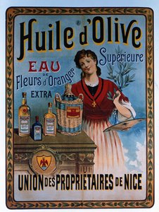 Plakat zur Werbung für Olivenöl aus Nizza, Frankreich