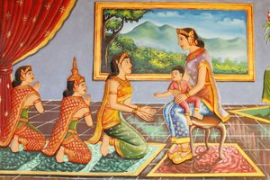 Preah Prom Rath Kloster, Leben des Buddha, Buddhas Mutter stellt ihn seinem Betreuer vor, Siem Reap, Kambodscha