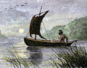 Prähistorische Navigation, Ruderkanu mit Tierhautsegel