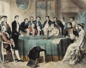 Vorstellung der Experimente zur elektrischen Batterie 1801 vor dem Ersten Konsul Napoleon Bonaparte durch Volta (Gravur)