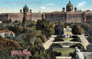 Öffentliche Gärten mit beiden Hofmuseen, Wien, Ende des 19./20. Jahrhunderts (Postkarte)