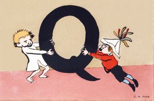 Q wie querelle - Alphabet für Kinder. C. M. Herausgeber, Paris. Handbemalte Postkarten, abgestempelt 1904. Maße: 14 x 9 cm