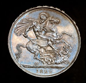 Seltene britische Münze, König George IV, Proof-Silberkrone, Schutzpatron von England zu Pferd mit Schwert, bereit den Drachen zu töten, Stempel von Benedetto Pistrucci von Unbekannter Künstler