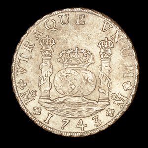 Seltene Silbermünze, Spanisch-Amerika König Ferdinand VI, 8 Reale, Säulen des Herkules an der Straße von Gibraltar mit Globus, Krone von Unbekannter Künstler