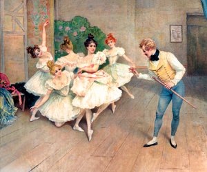 Probe einer Aufführung, Lehrer und Ballerinas hinter der Bühne
