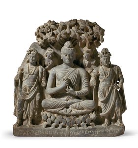 Relief-Triade von Buddha Shakyamuni mit Bodhisattvas, 3.-4. Jahrhundert von Unbekannter Künstler