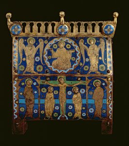Reliquienschrein, dekoriert mit Emailleplatten, die die Kreuzigung und die Apotheose Christi darstellen, Französisch, hergestellt in Limoges