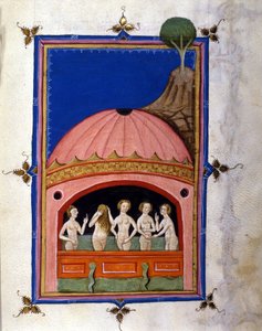 Darstellung von Bädern. Seite aus dem Manuskript „De Balneis Puteolanis“ (Die Bäder von Pozzuoli) von Pietro da Eboli (Ebulo) (aktiv um 1196-1220) 1475-1500