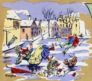 Dorfbewohner rutschen im Winter auf Eis. Illustriertes Alphabet. Bildereien vereint in Jarville-Nancy, Anfang des 20. Jahrhunderts. Dim: 40 x 29 cm. Lithographie auf bistre Hintergrund von Unbekannt