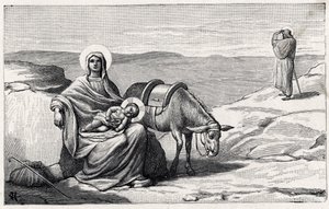 Ruhe während der Flucht nach Ägypten. Alphabet des Jesuskindes. Ausgabe von 1932. Holzschnitte signiert H G. Private Sammlung von Unbekannt