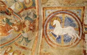 Romanische Kunst: Kirche Notre Dame in Montmorillon, Vienne, Poitou-Charentes, Frankreich, Fresken aus der Krypta der Prinzessin Saint Catherine von Alexandria, das Lamm der Apokalypse als Pferd dargestellt. Fotografie von Unbekannter Künstler