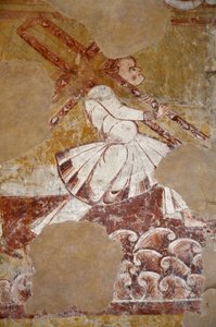 Romanische Kunst: Simon von Cyrene trägt das Kreuz Christi. Detailansicht der Fresken des Chors La vie du Christ (13. Jahrhundert) aus der Kirche Saint Martin