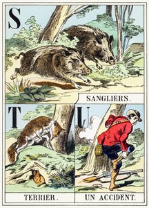 S T U: Wildschwein, Bau, Ein Unfall - Das Jagd-Alphabet, ca. 1890 von Unbekannt
