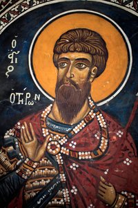 Der heilige Theodor Tiron: Byzantinisches Fresko aus dem 14. Jahrhundert (1332) Phorbiotissa Jungfrauenkirche, Asinou Zypern Bemalte Kirchen UNESCO-Stätte Troodos, Zypern