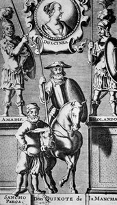 Sancho Panza und Don Quijote, unter Porträt von Dulcinea (nach Miguel de Cervantes) von Unbekannter Künstler