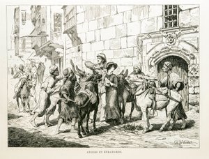 Satirische Zeichnung, die westliche Touristen umgeben von Eseln und ihren Treibern darstellt - Illustration aus dem Atlas von Ägypten von Unbekannt