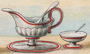 Sauciere und Zuckerdose. Gravur in "Alphabet de ma petite fille". Bernardin-Bechet und Fils, Buchhändler-Verleger, Paris, um 1895.