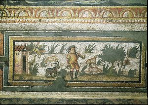 Szene eines Ziegenhirten mit seinen Ziegen, Detail des Randes eines Mosaikpflasters, das die Jahreszeiten und Jagdszenen darstellt, aus der konstantinischen Villa in Daphne, römisch, ca. 325-330 n. Chr.