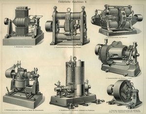 Wissenschafts- und Technologiebrett, das deutsche elektrische Maschinen darstellt. Illustration aus „Meyers Großes Konversations-Lexikon“ 1904. Bibliographisches Institut, Leipzig und Wien von Unbekannt