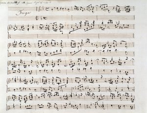 Notenblatt für Händels Fuge aus einem Manuskript mit zwei Werken von Domenico Scarlatti und Friedrich Händel