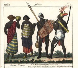 Shoua-Frauen mit einem Baby, einem Speer und einem Bogenschützen aus dem Kanem-Reich (Tschad und Libyen). Lithographie aus dem Buch: „Galerie complète en tableaux fidèles des peuples d