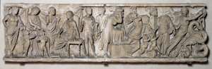 Seite eines Sarkophags, der die Legende von Medea darstellt, römisch, 2. Jahrhundert