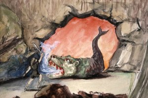 Siegfried tötet den Drachen Fafner, spätes 19. Jahrhundert (Illustration)