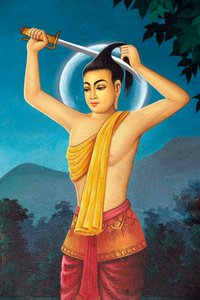 Srahchork-Buddhistisches Kloster. Malerei, die die Lebensgeschichte von Shakyamuni Buddha darstellt. Prinz Siddhartha schneidet sich die Haare ab, um das weltliche Leben am Ufer des Anoma-Flusses zu entsagen. Phnom Penh, Kambodscha von Unbekannt