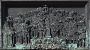Straßburg, Basrelief der Skulptur von Gutenberg. Europa von William M. Timlin