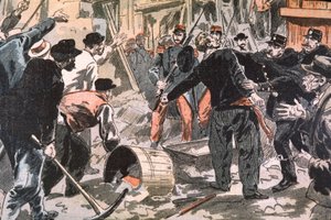 Kampf zwischen bretonischen Streikenden und Ordnungskräften auf einer Baustelle, Paris, frühes 20. Jahrhundert (Gravur)