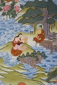 Sujata gibt Buddha Milchreis. Thangka, Bhaktapur, Nepal von Unbekannt