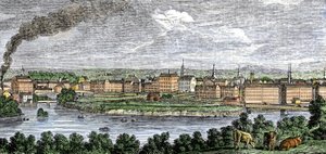 Textilfabriken entlang der Flüsse Merrimack (Merrimac) und Concord, Lowell, Massachusetts, USA in den 1830er Jahren. Farbiger Stich des 19. Jahrhunderts von Unbekannter Künstler