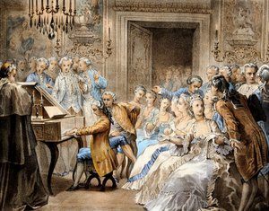 Der österreichische Komponist Wolfgang Amadeus Mozart (1756-1791) im Alter von 14 Jahren, wie er Gregorio Allegris „Miserere“ aus dem Gedächtnis nachspielt von Unbekannter Künstler